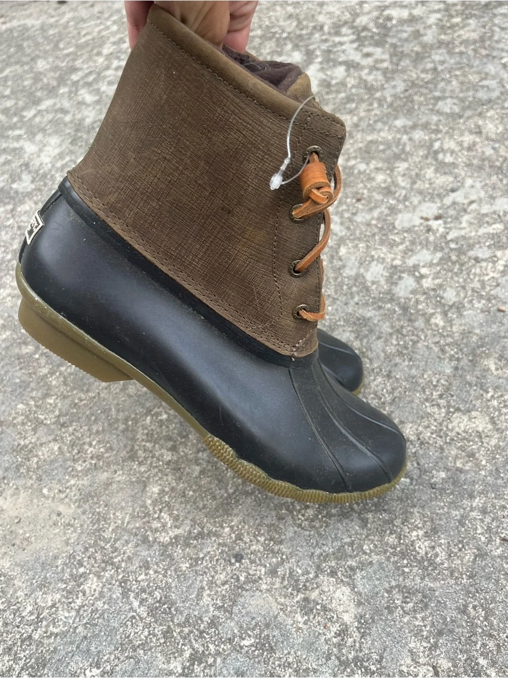 Sperry Brown Canvas + Black Rubber Duck Boots women’s size 9